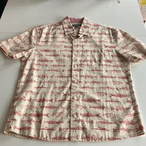 Signature Cream Short-Sleeve Button-Down Shirt with Red Fish Print